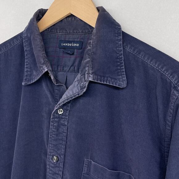 LANDS END Shirt Men L 16-16.5 Corduroy Button Up Utility Long Sleeve Cotton Blue - Picture 1 of 13